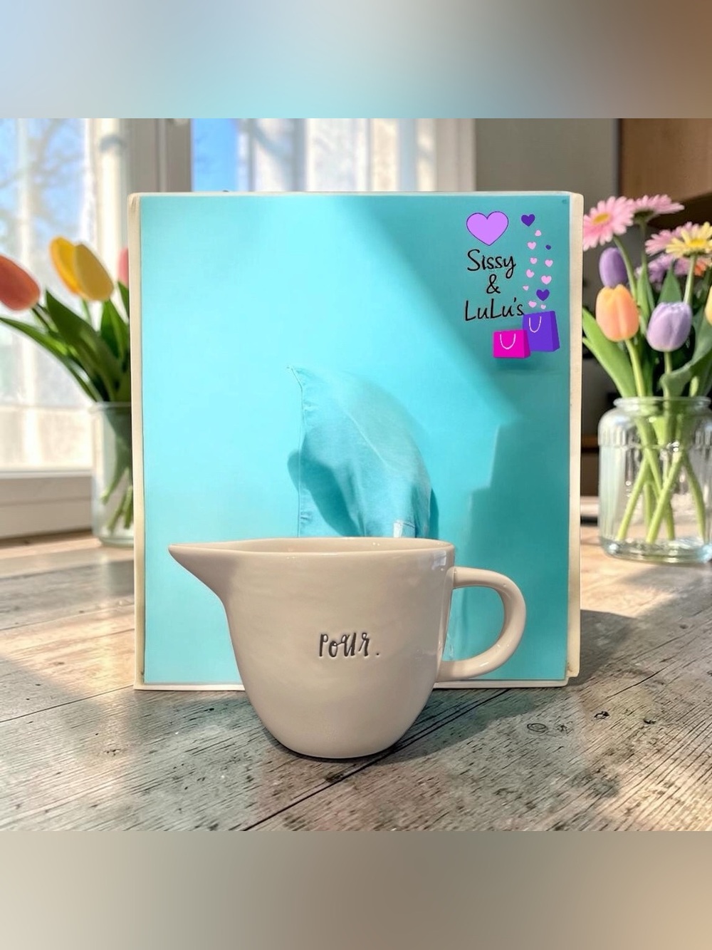 Rae Dunn POUR Creamer Pitcher White Farmhouse Text Handle Pour Spout